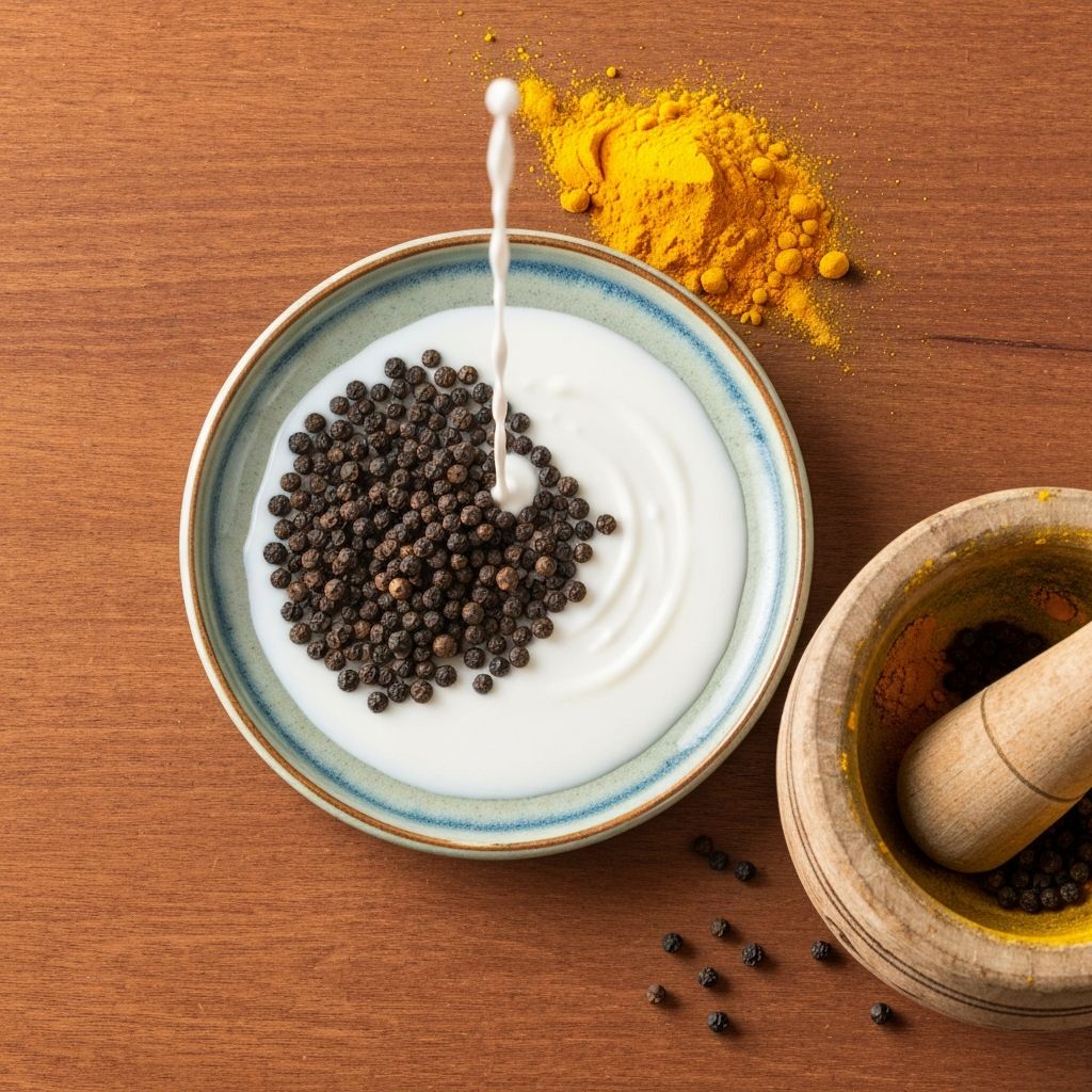 Czarny pieprz, mleko kokosowe i kurkuma razem na wooden surface