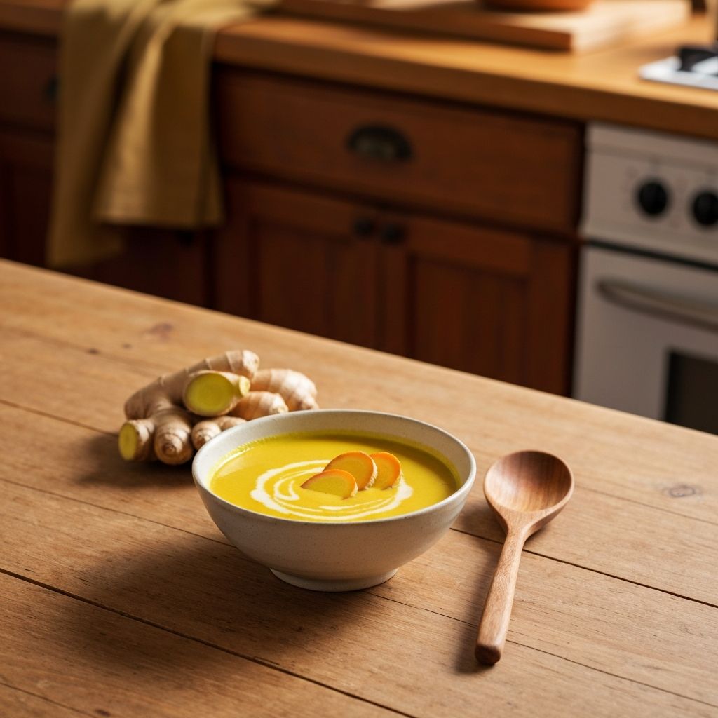 Turmeric ginger soup w ceramic bowl na rustic table
