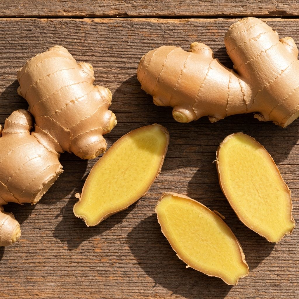 Świeży imbir na rustykalnym drewnianym tle