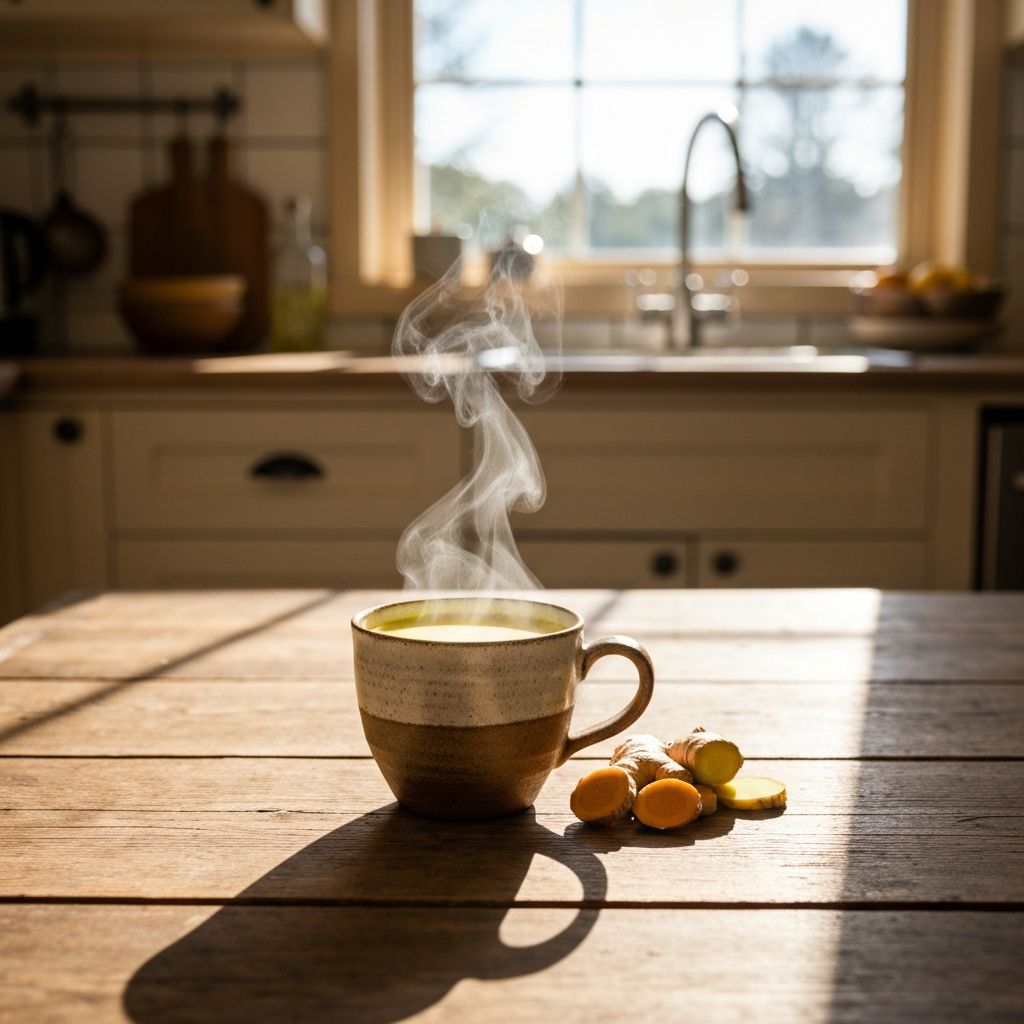 Golden milk latte w ceramic cup z turmeric i ginger beside