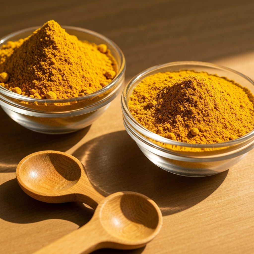 Kurkuma i imbir w proszku w glass bowls z wooden spoons